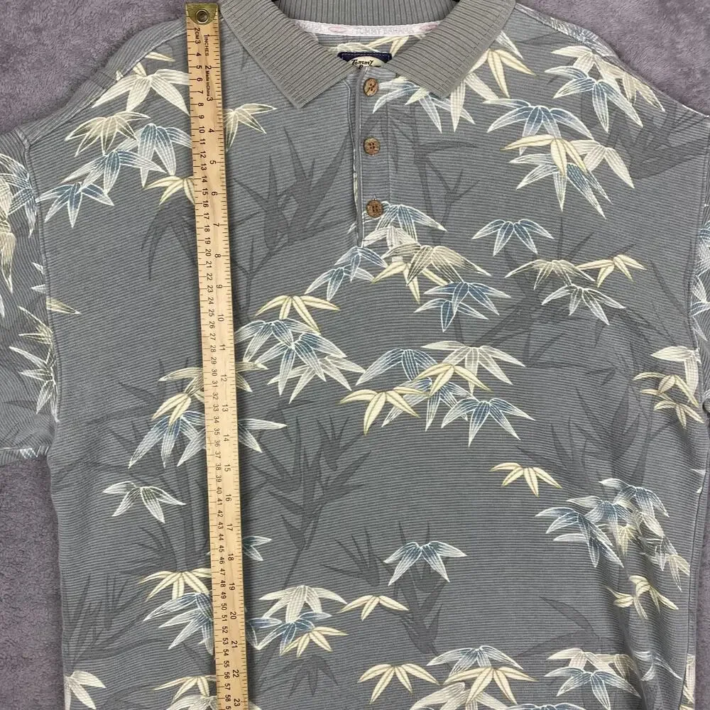Tommy Bahama Polo Shirt Mens Large Gray Bamboo Leaf Hawaiian Tropical Cotton - Picture 14 of 15